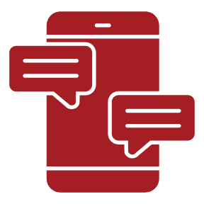 Red smartphone with two black-outlined red chat bubbles, symbolizing text messaging, communication, and mobile conversations on a black background.