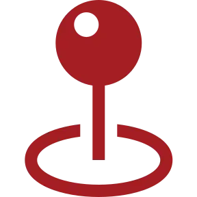 Minimalist red location-pin icon: a large circular head with a black cutout, narrow vertical stem, and oval ring base on a black background.