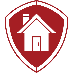 Red shield emblem with a bold black house and peaked roof at center, suggesting home protection, security, and safety on a black background.